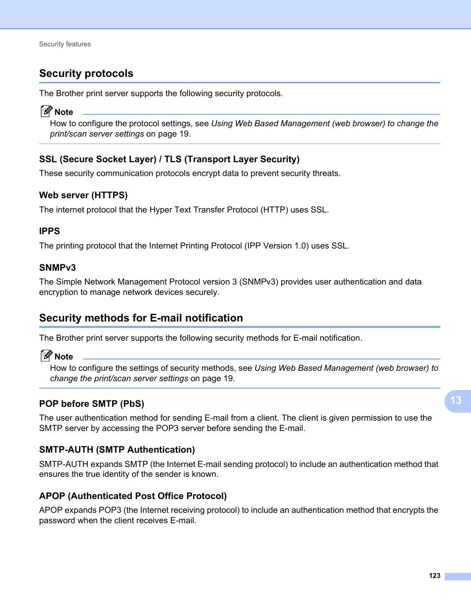 Security protocols, Web server (https), Ipps | Snmpv3, Security methods for e-mail notification, Pop before smtp (pbs), Smtp-auth (smtp authentication), Apop (authenticated post office protocol), 13 security protocols | Brother MFC-9320CW User Manual | Page 134 / 203