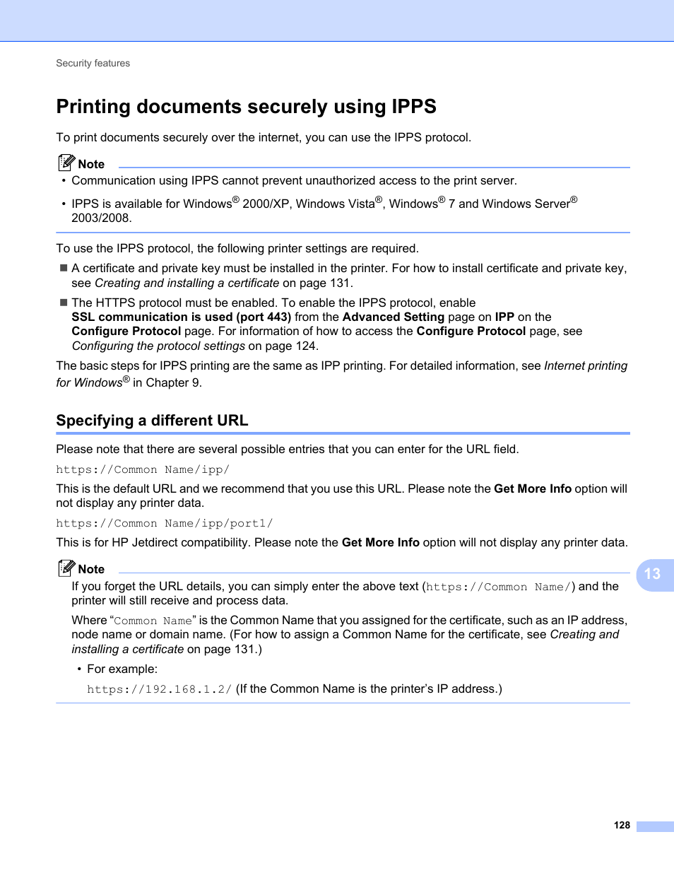 Printing documents securely using ipps, Specifying a different url | Brother MFC-9320CW User Manual | Page 139 / 203