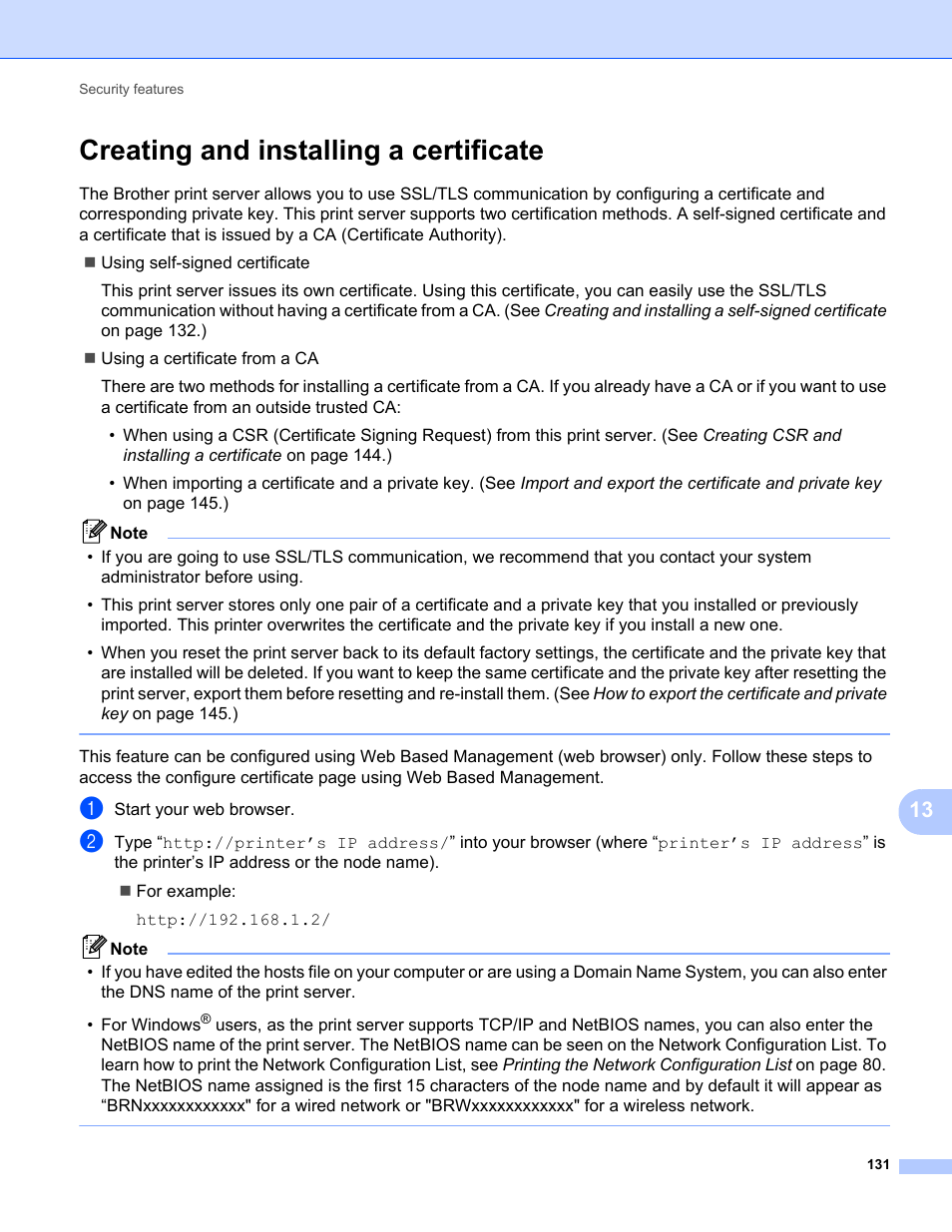 Creating and installing a certificate | Brother MFC-9320CW User Manual | Page 142 / 203