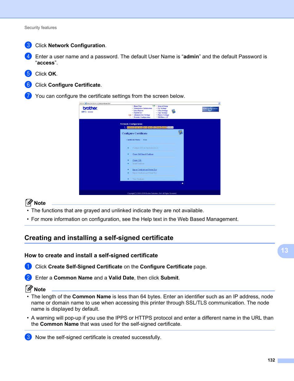 Creating and installing a self-signed certificate | Brother MFC-9320CW User Manual | Page 143 / 203