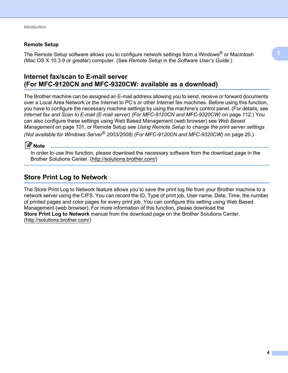 Store print log to network, Internet fax/scan to e-mail server | Brother MFC-9320CW User Manual | Page 15 / 203