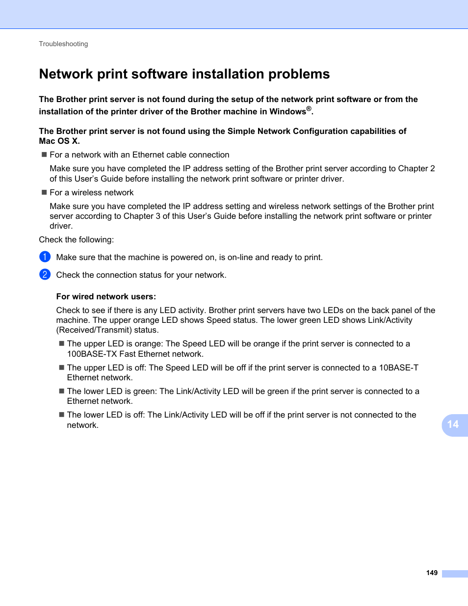 Network print software installation problems | Brother MFC-9320CW User Manual | Page 160 / 203