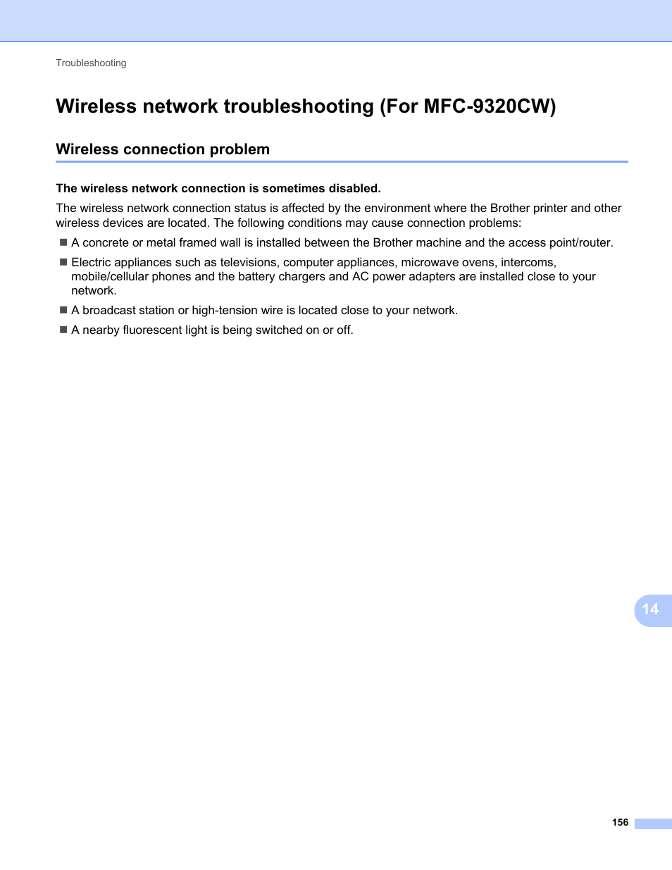 Wireless network troubleshooting (for mfc-9320cw), Wireless connection problem, Wireless network | Brother MFC-9320CW User Manual | Page 167 / 203