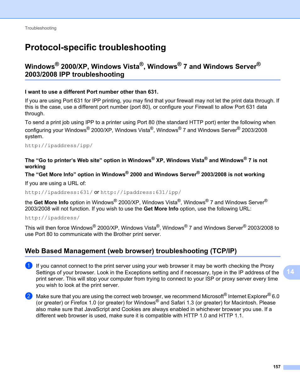 Protocol-specific troubleshooting, Windows, 2000/xp, windows vista | 7 and windows server, 2003/2008 ipp, Troubleshooting | Brother MFC-9320CW User Manual | Page 168 / 203