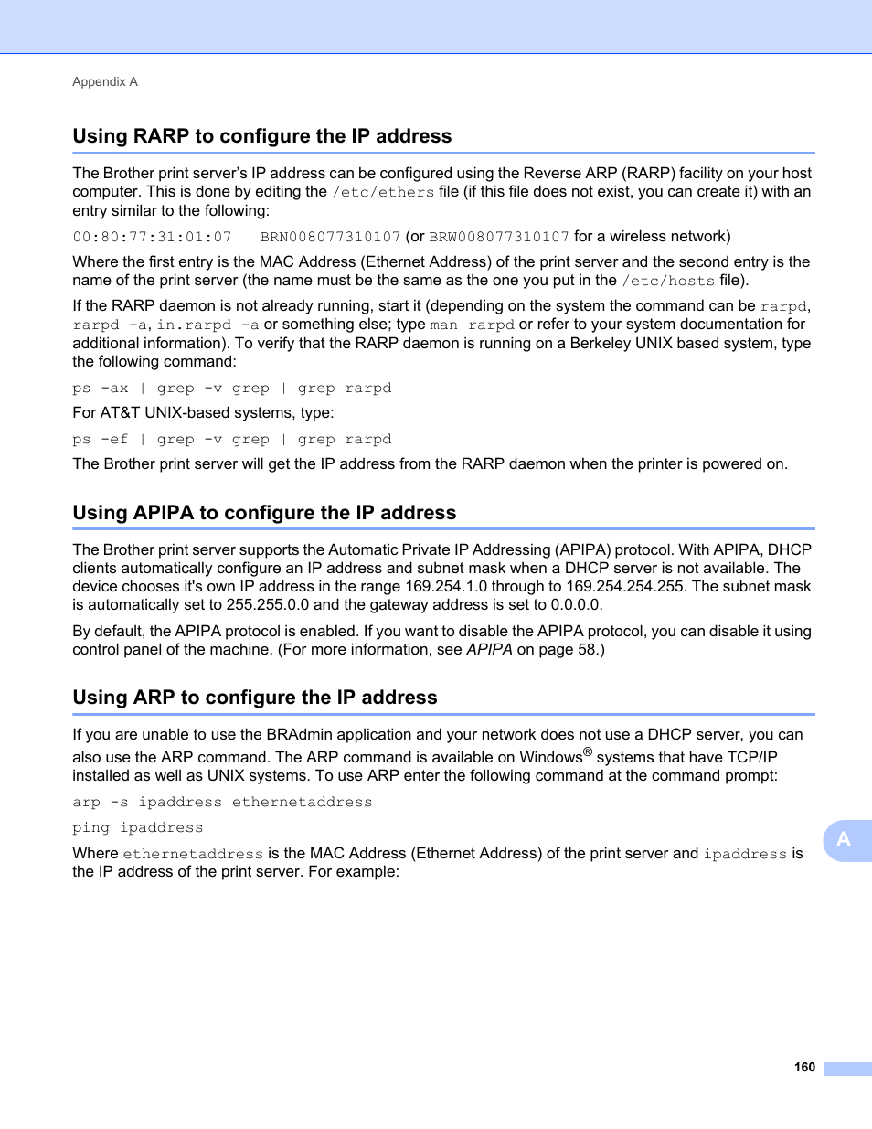 Using rarp to configure the ip address, Using apipa to configure the ip address, Using arp to configure the ip address | Ausing rarp to configure the ip address | Brother MFC-9320CW User Manual | Page 171 / 203