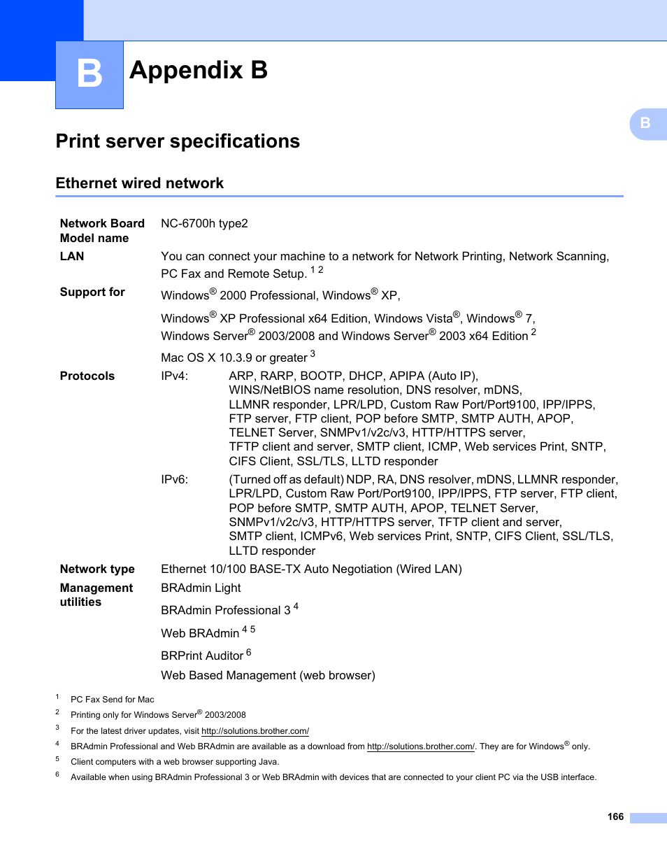 Appendix b, Print server specifications, Ethernet wired network | Brother MFC-9320CW User Manual | Page 177 / 203