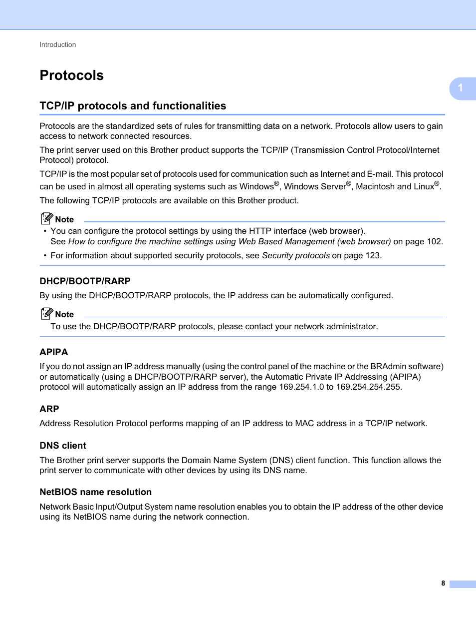 Protocols, Tcp/ip protocols and functionalities, Dhcp/bootp/rarp | Apipa, Dns client, Netbios name resolution | Brother MFC-9320CW User Manual | Page 19 / 203