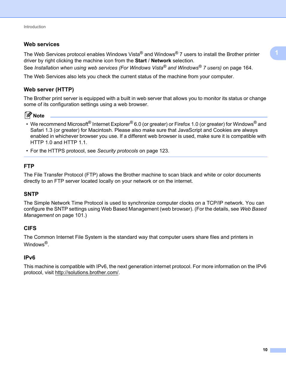 Web services, Web server (http), Sntp | Cifs, Ipv6 | Brother MFC-9320CW User Manual | Page 21 / 203