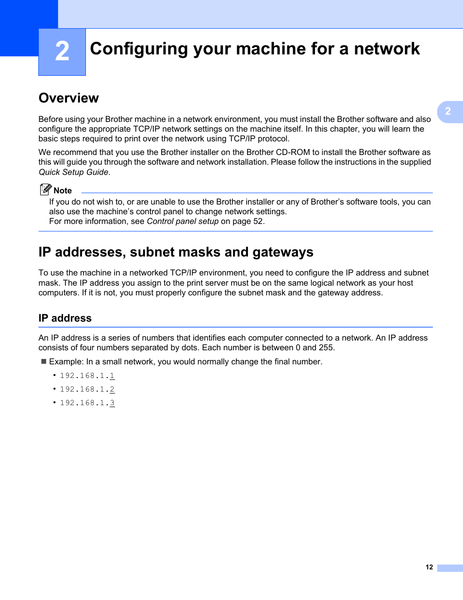 2 configuring your machine for a network, Overview, Ip addresses, subnet masks and gateways | Ip address, Configuring your machine for a network, Overview ip addresses, subnet masks and gateways | Brother MFC-9320CW User Manual | Page 23 / 203