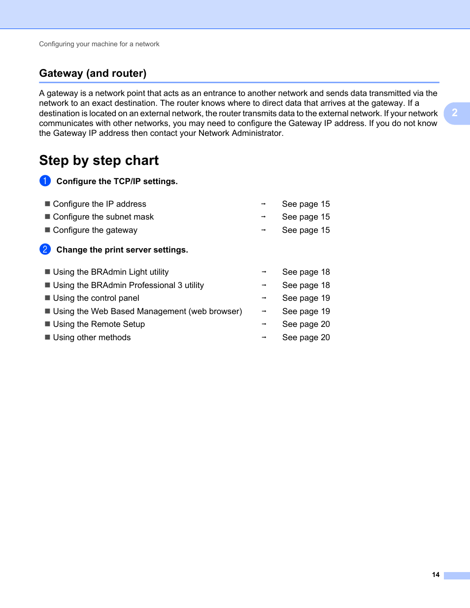 Gateway (and router), Step by step chart, 2gateway (and router) | Brother MFC-9320CW User Manual | Page 25 / 203