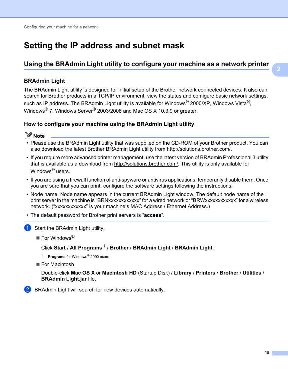 Setting the ip address and subnet mask, Bradmin light | Brother MFC-9320CW User Manual | Page 26 / 203