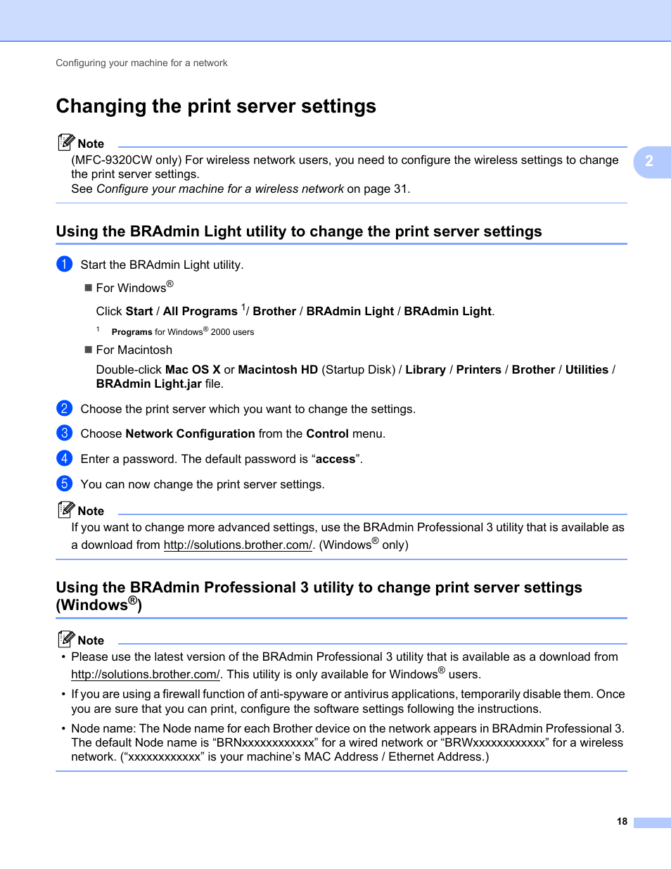 Changing the print server settings | Brother MFC-9320CW User Manual | Page 29 / 203