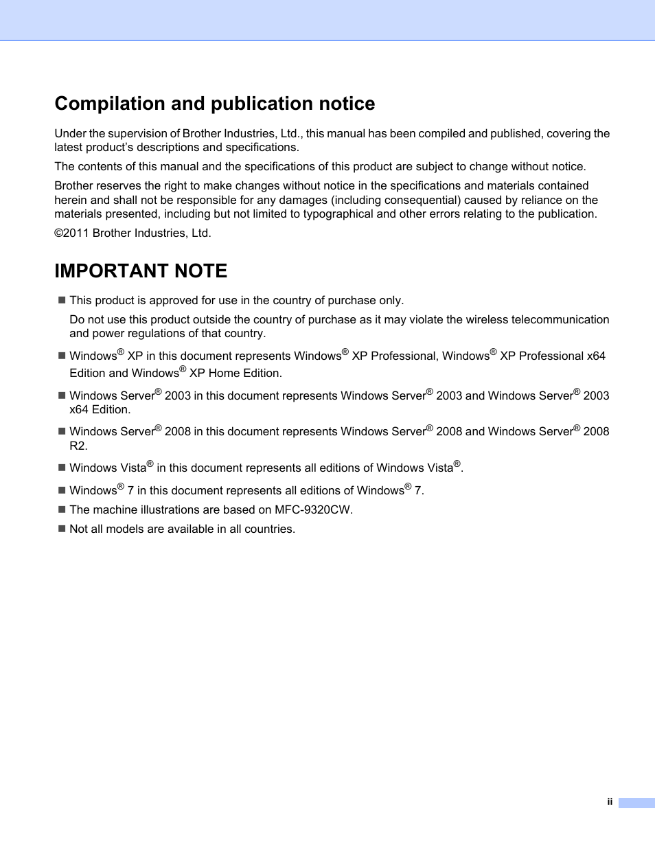 Compilation and publication notice | Brother MFC-9320CW User Manual | Page 3 / 203