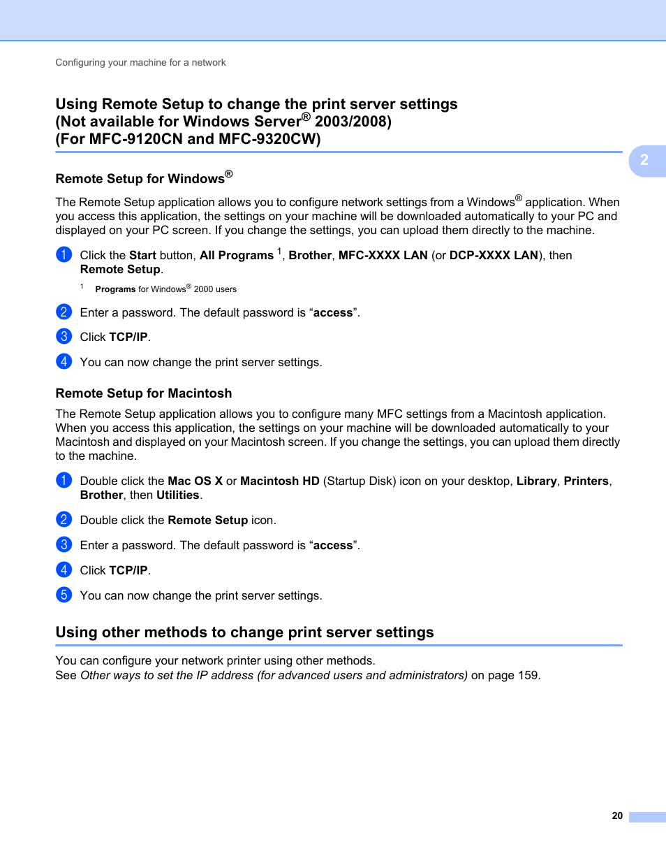 Remote setup for windows, Remote setup for macintosh, Not available for windows server | 2003/2008) (for mfc-9120cn and mfc-9320cw) | Brother MFC-9320CW User Manual | Page 31 / 203