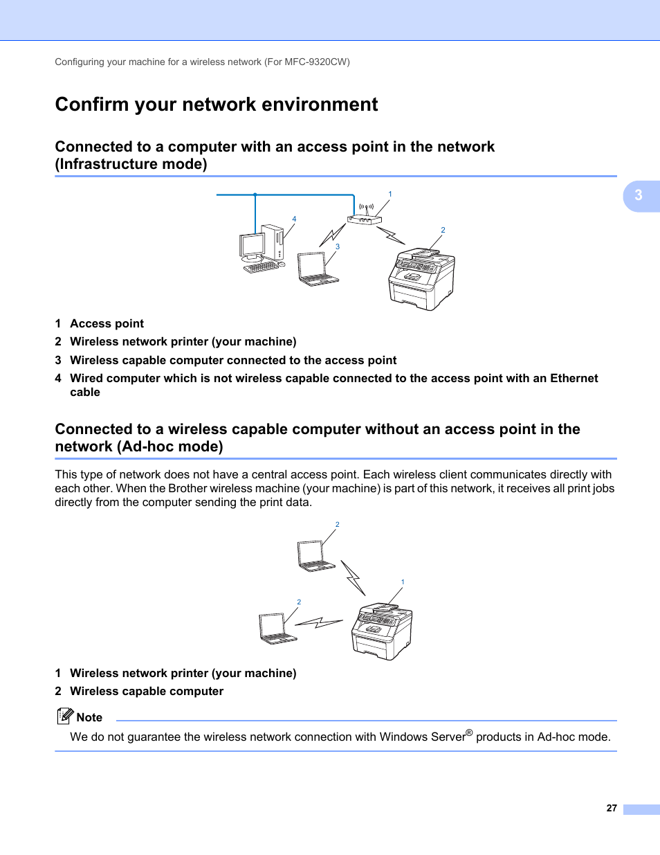 Confirm your network environment, Products in ad-hoc mode | Brother MFC-9320CW User Manual | Page 38 / 203