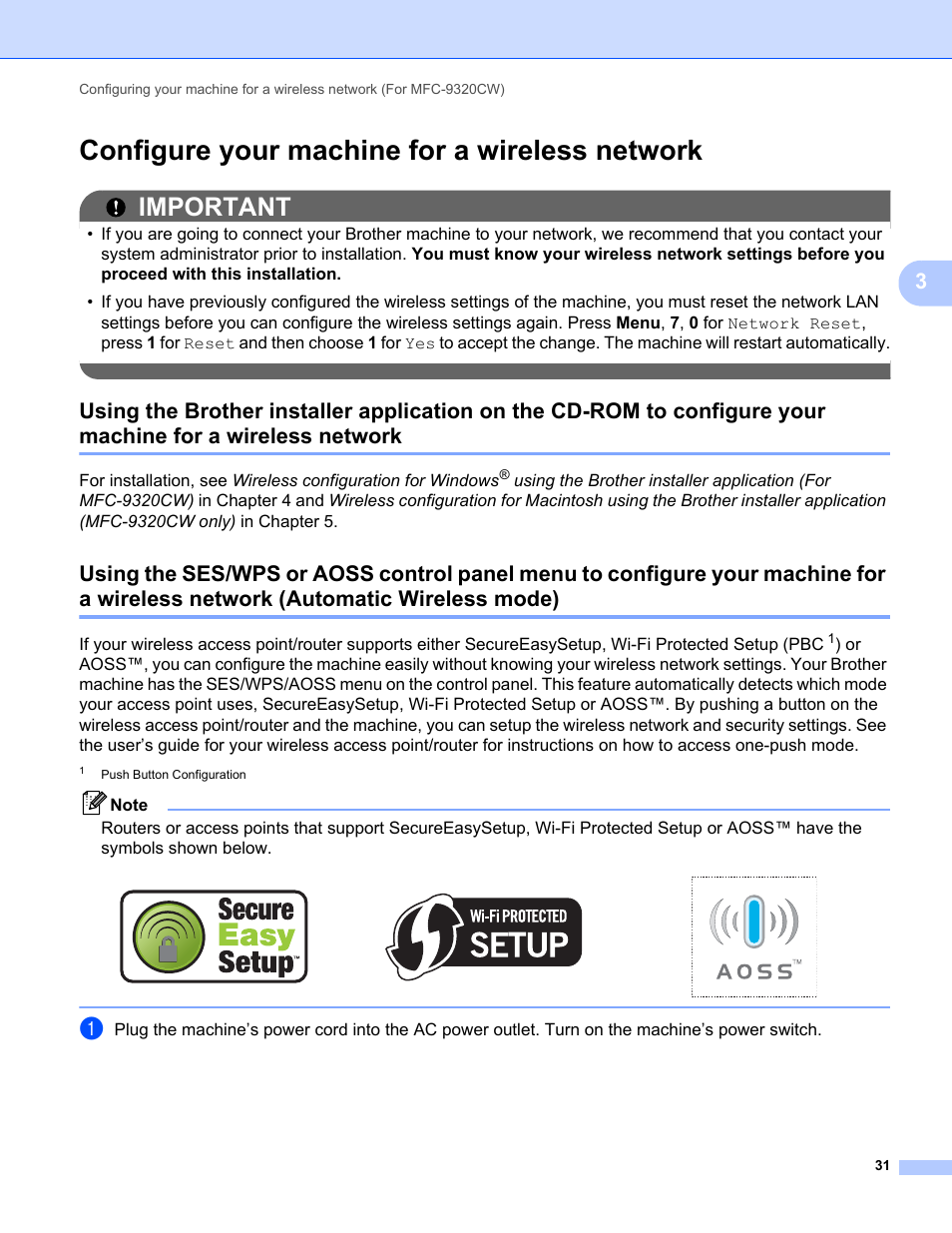 Configure your machine for a wireless network, Wireless network, Wireless network (automatic wireless mode) | Important | Brother MFC-9320CW User Manual | Page 42 / 203