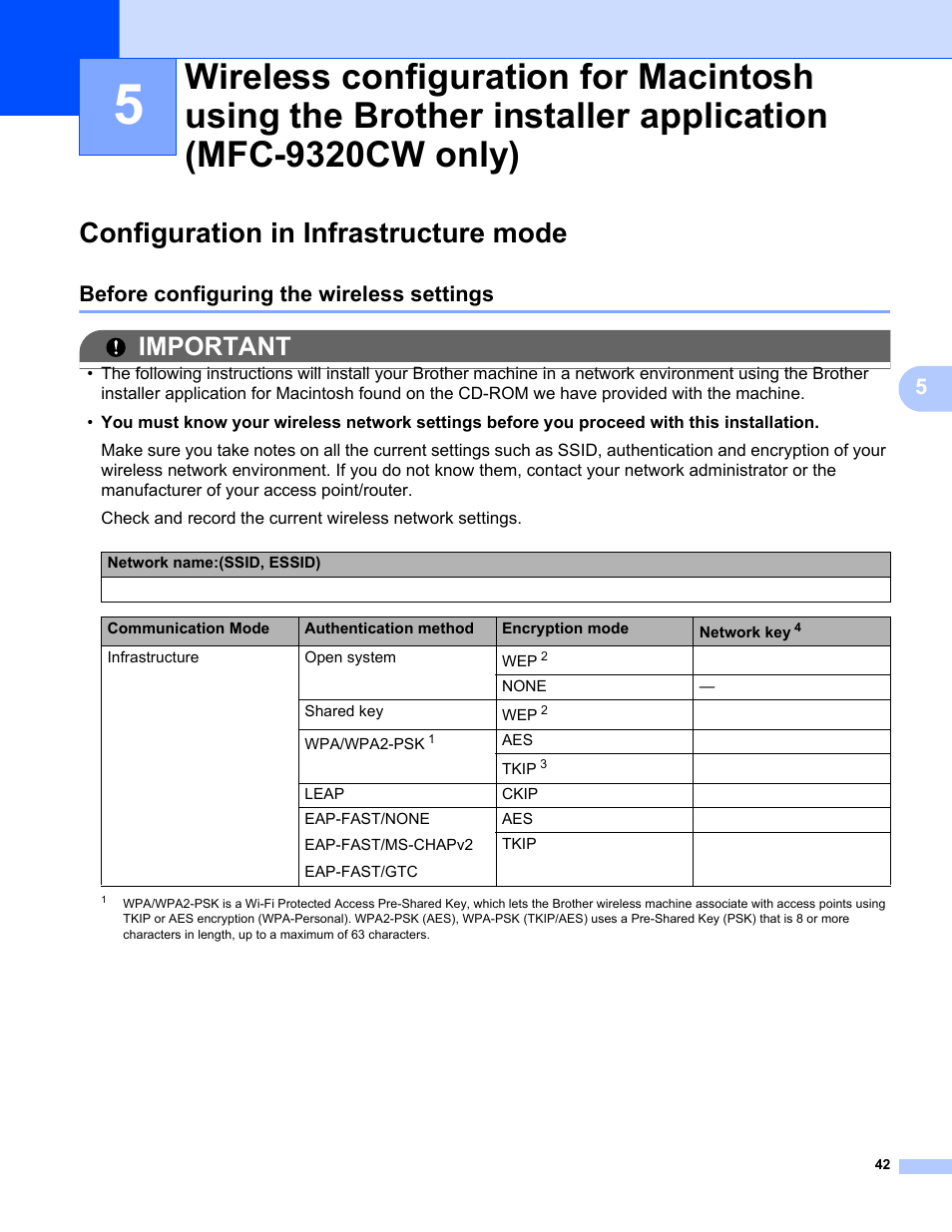 Configuration in infrastructure mode, Before configuring the wireless settings, Important | Brother MFC-9320CW User Manual | Page 53 / 203