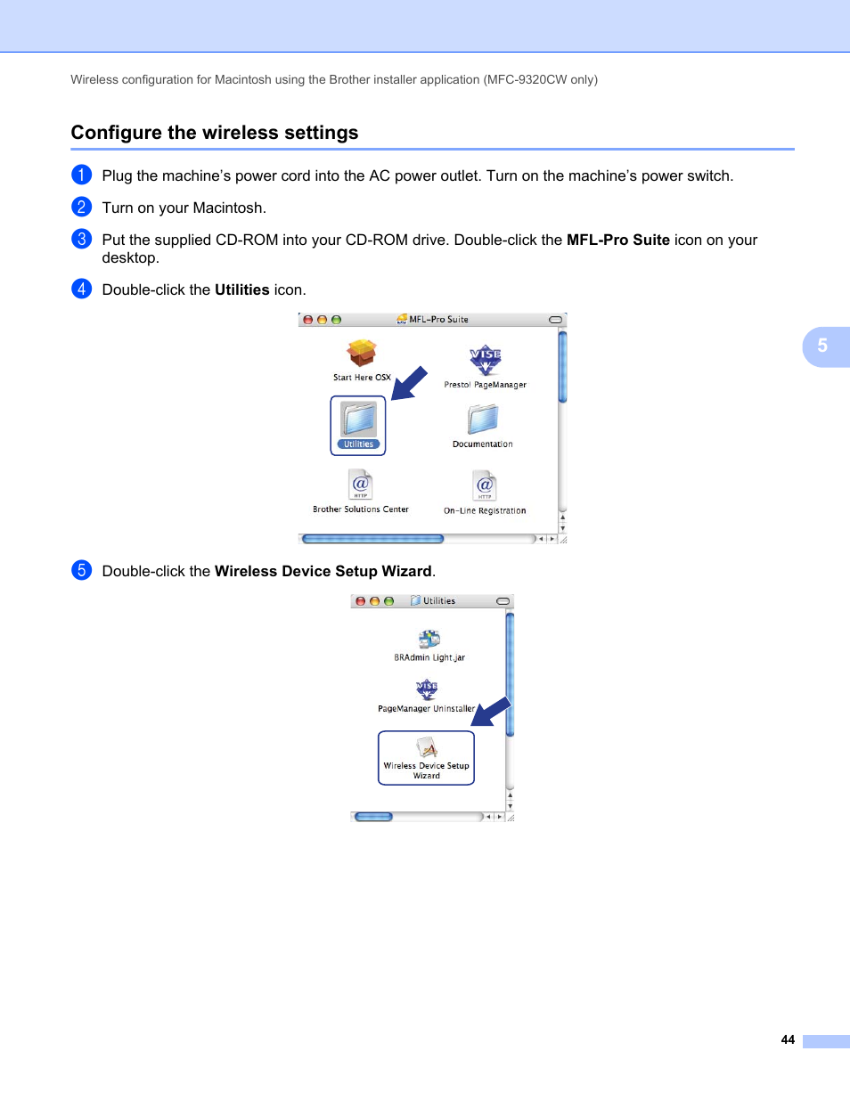 Configure the wireless settings, 5configure the wireless settings | Brother MFC-9320CW User Manual | Page 55 / 203
