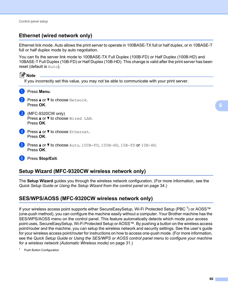 Ethernet (wired network only), Setup wizard (mfc-9320cw wireless network only), Ses/wps/aoss (mfc-9320cw wireless network only) | 6ethernet (wired network only) | Brother MFC-9320CW User Manual | Page 71 / 203