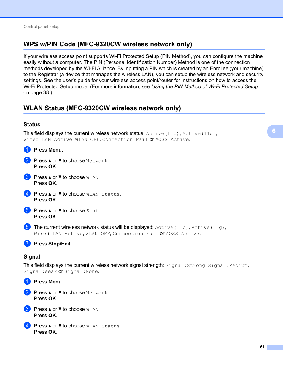 Wps w/pin code (mfc-9320cw wireless network only), Wlan status (mfc-9320cw wireless network only), Status | Signal | Brother MFC-9320CW User Manual | Page 72 / 203