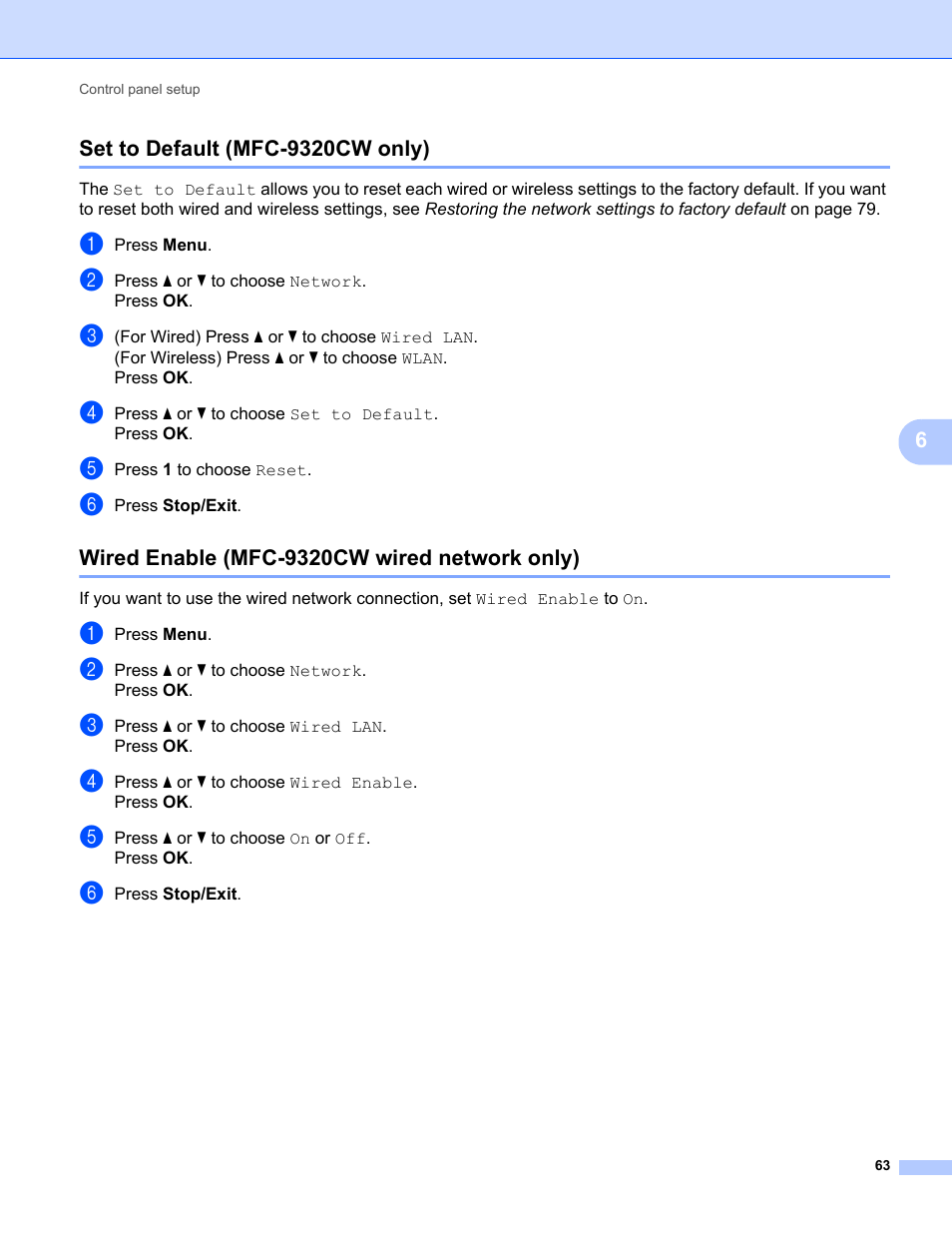 Set to default (mfc-9320cw only), Wired enable (mfc-9320cw wired network only) | Brother MFC-9320CW User Manual | Page 74 / 203