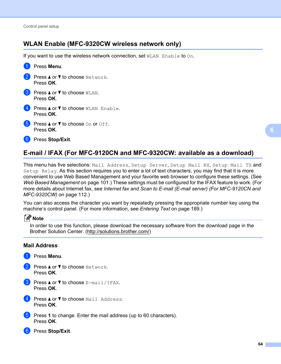 Wlan enable (mfc-9320cw wireless network only), Mail address | Brother MFC-9320CW User Manual | Page 75 / 203