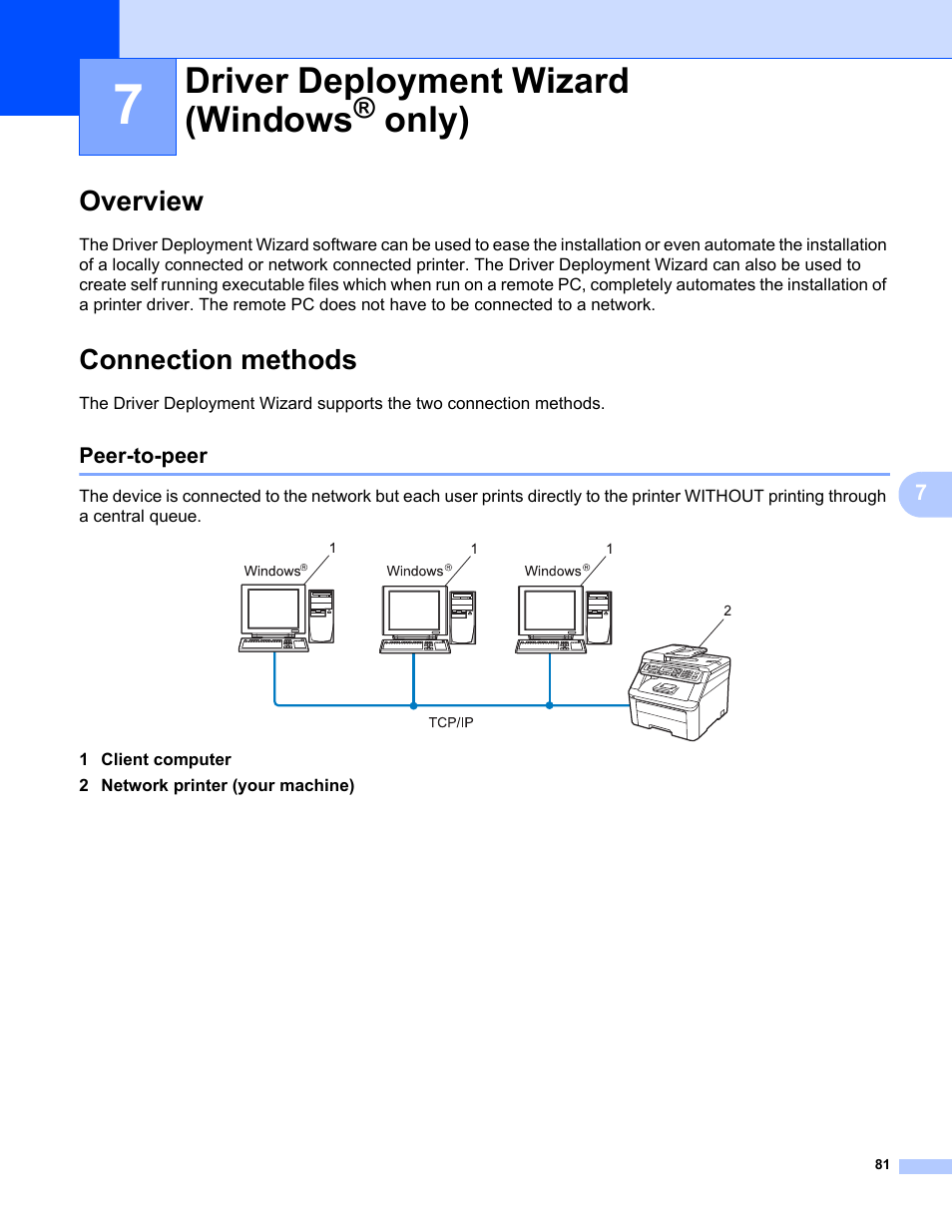 7 driver deployment wizard (windows® only), Overview, Connection methods | Peer-to-peer, Driver deployment wizard (windows, Only), Overview connection methods | Brother MFC-9320CW User Manual | Page 92 / 203