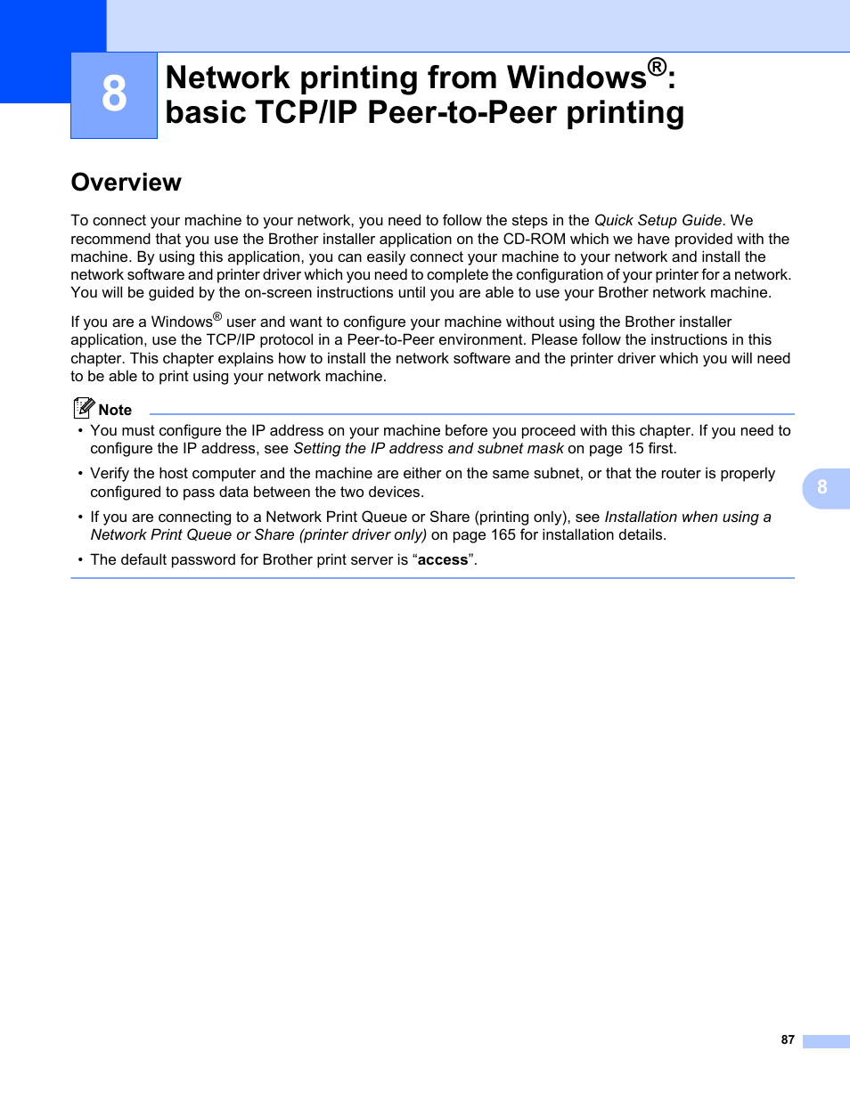 Overview, Network printing from windows, Basic tcp/ip peer-to-peer printing | Brother MFC-9320CW User Manual | Page 98 / 203