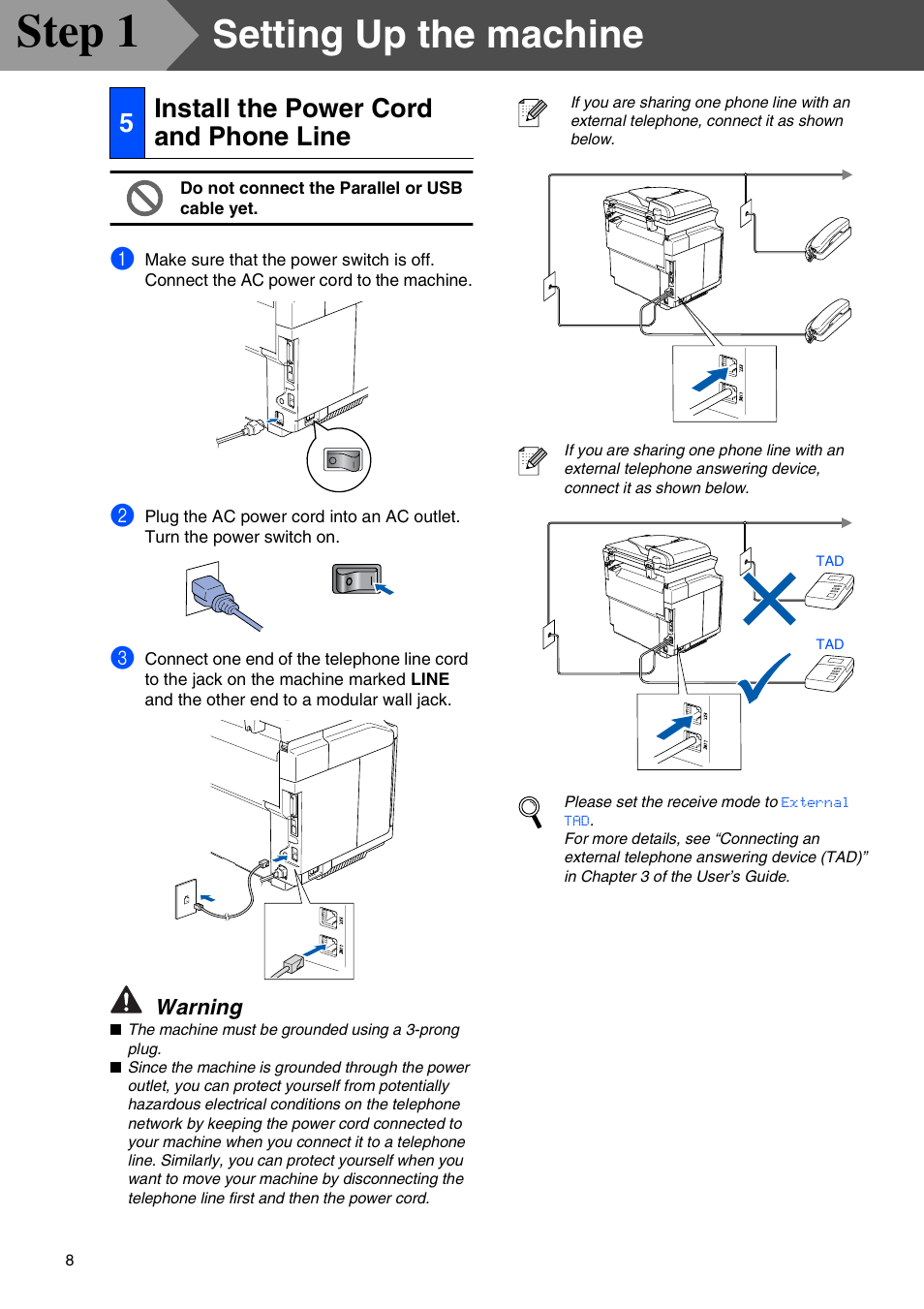 5 install the power cord and phone line, Install the power cord and phone line, Step 1 | Setting up the machine, 5install the power cord and phone line | Brother MFC-9420CN User Manual | Page 10 / 40