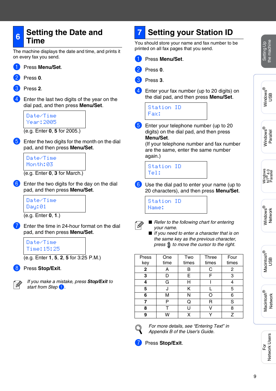 6 setting the date and time, 7 setting your station id, Setting the date and time | Setting your station id, 6setting the date and time, 7setting your station id, Station id fax: station id tel: station id name | Brother MFC-9420CN User Manual | Page 11 / 40