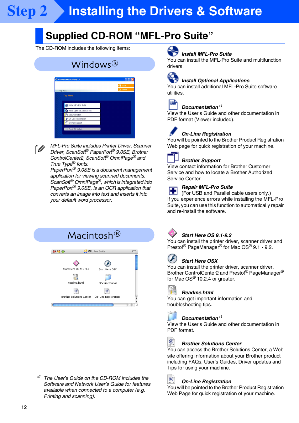 Step2 installing the drivers & software, Supplied cd-rom “mfl-pro suite, Installing the drivers & software | Step 2 | Brother MFC-9420CN User Manual | Page 14 / 40
