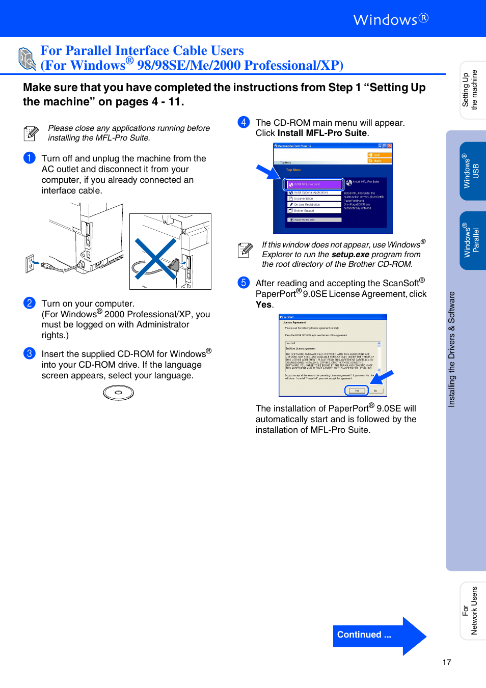 For parallel interface cable users, For windows, 98/98se/me/2000 professional/xp) | For parallel interface cable users (for windows | Brother MFC-9420CN User Manual | Page 19 / 40