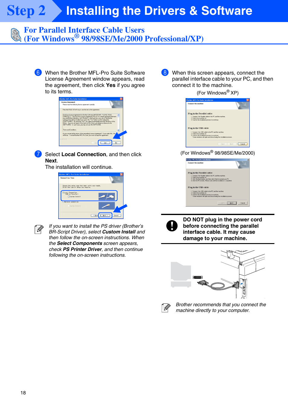 Step 2, Installing the drivers & software, For parallel interface cable users (for windows | Brother MFC-9420CN User Manual | Page 20 / 40