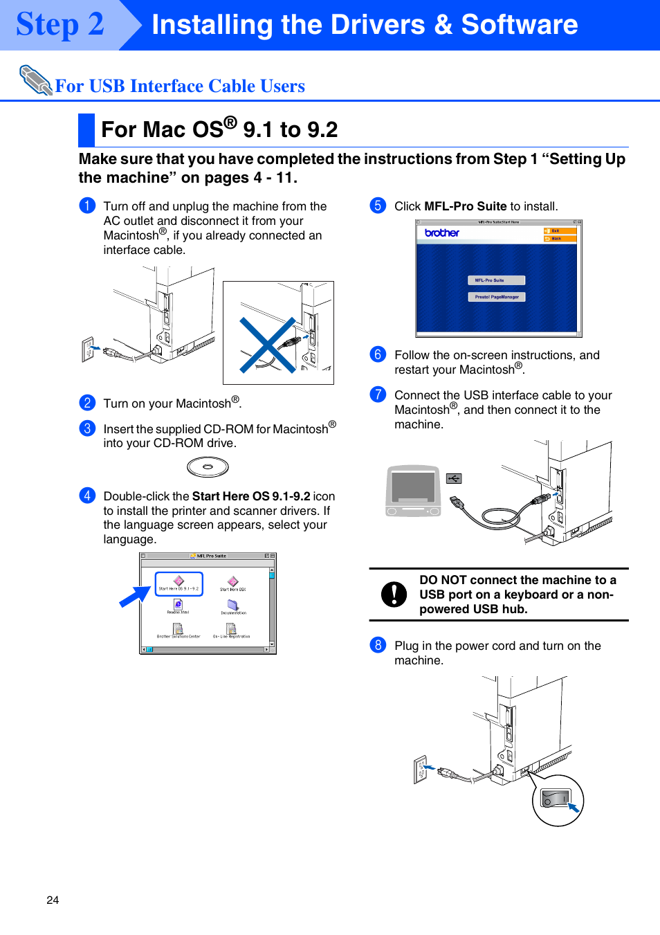 For usb interface cable users, For mac os® 9.1 to 9.2, For mac os | 1 to 9.2, Step 2, Installing the drivers & software | Brother MFC-9420CN User Manual | Page 26 / 40