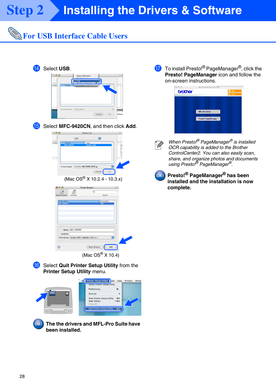 Step 2, Installing the drivers & software, For usb interface cable users | Brother MFC-9420CN User Manual | Page 30 / 40