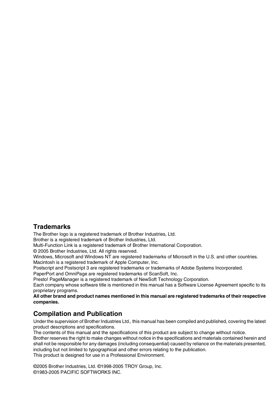 Trademarks, Compilation and publication | Brother MFC-9420CN User Manual | Page 39 / 40