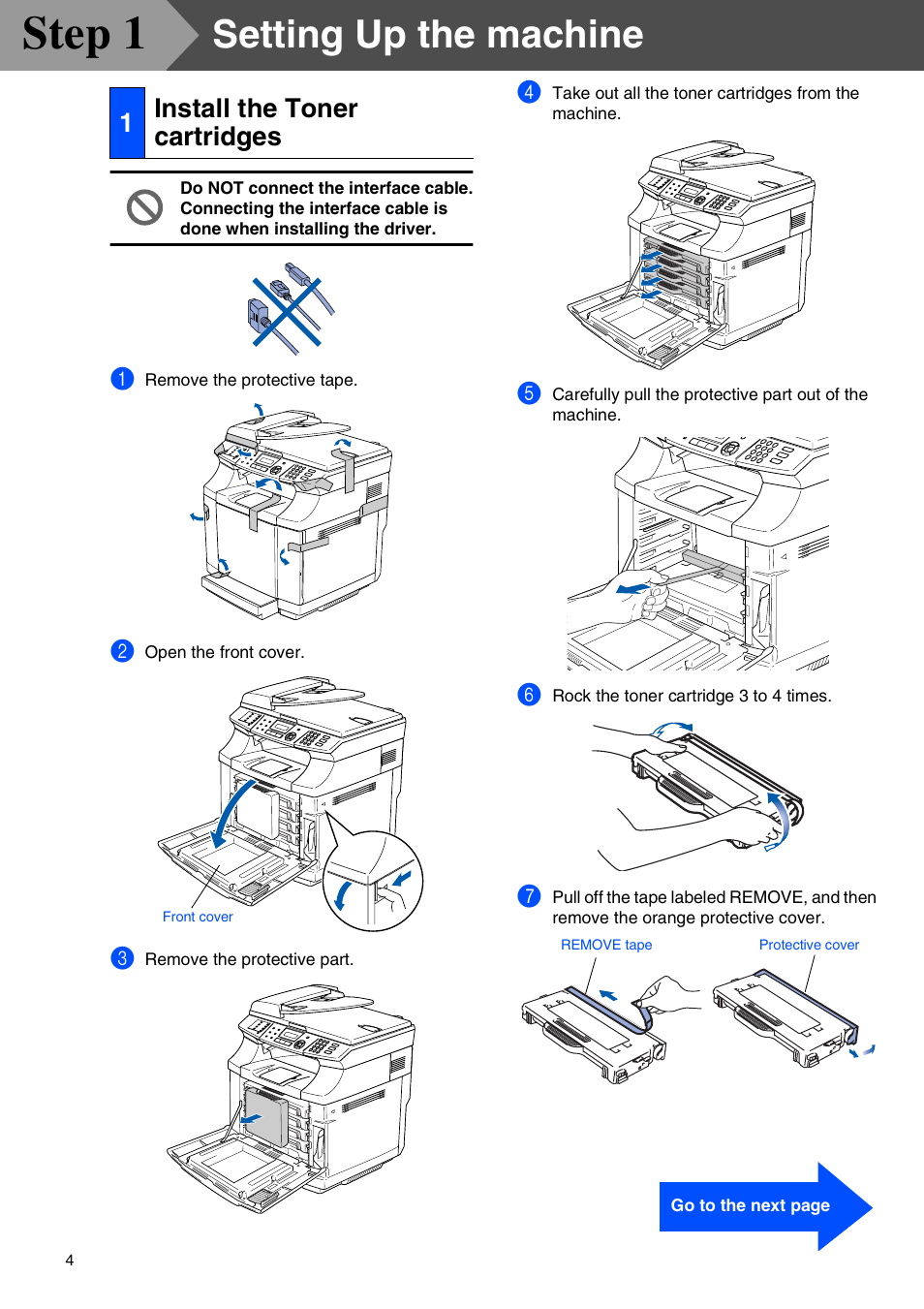 Step1 setting up the machine, 1 install the toner cartridges, Setting up the machine | Install the toner cartridges, Step 1, 1install the toner cartridges | Brother MFC-9420CN User Manual | Page 6 / 40
