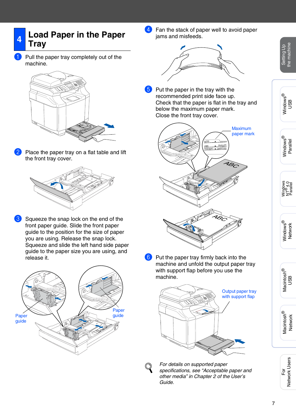 4 load paper in the paper tray, Load paper in the paper tray, 4load paper in the paper tray | Brother MFC-9420CN User Manual | Page 9 / 40