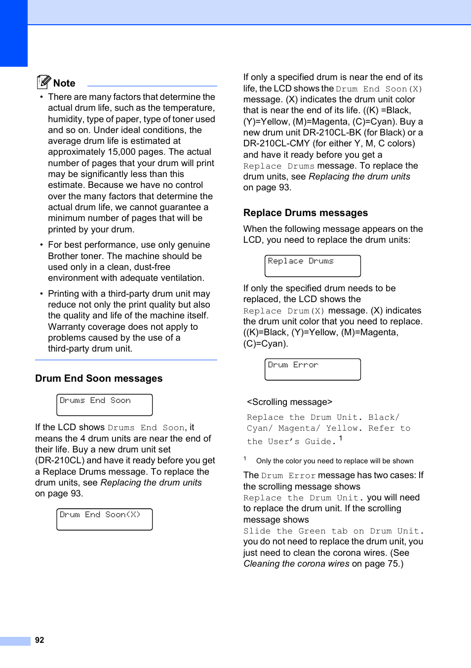 Drum end soon messages, Replace drums messages, Drum error | Brother MFC-9010CN User Manual | Page 104 / 148