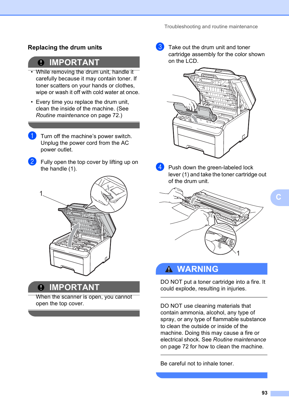 Replacing the drum units, Important, Warning | Brother MFC-9010CN User Manual | Page 105 / 148