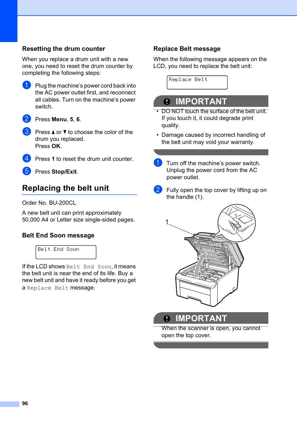 Resetting the drum counter, Replacing the belt unit, Belt end soon message | Replace belt message, Important | Brother MFC-9010CN User Manual | Page 108 / 148