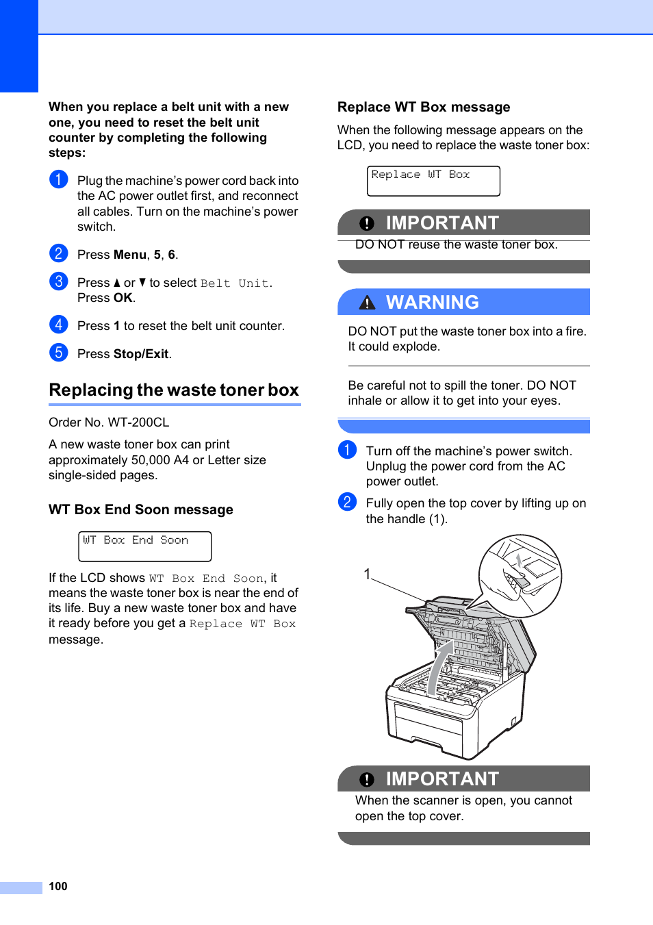 Replacing the waste toner box, Wt box end soon message, Replace wt box message | Important, Warning | Brother MFC-9010CN User Manual | Page 112 / 148