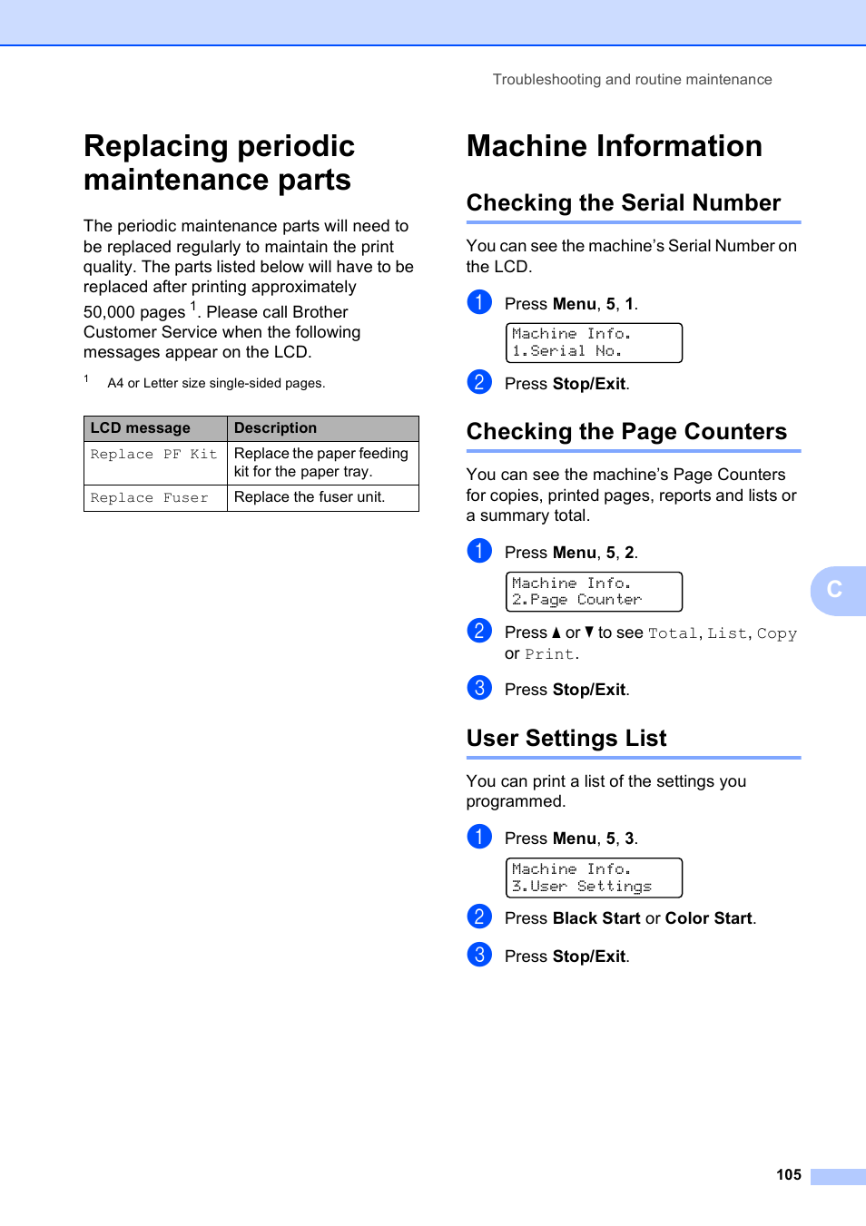 Replacing periodic maintenance parts, Machine information, Checking the serial number | User settings list, Checking the page counters | Brother MFC-9010CN User Manual | Page 117 / 148