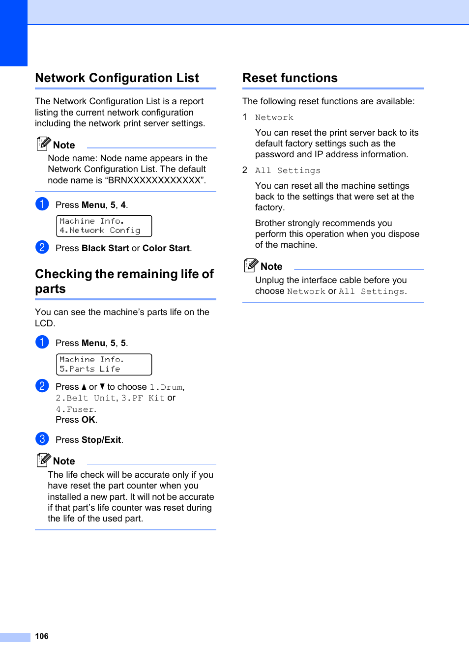 Network configuration list, Checking the remaining life of parts, Reset functions | Brother MFC-9010CN User Manual | Page 118 / 148