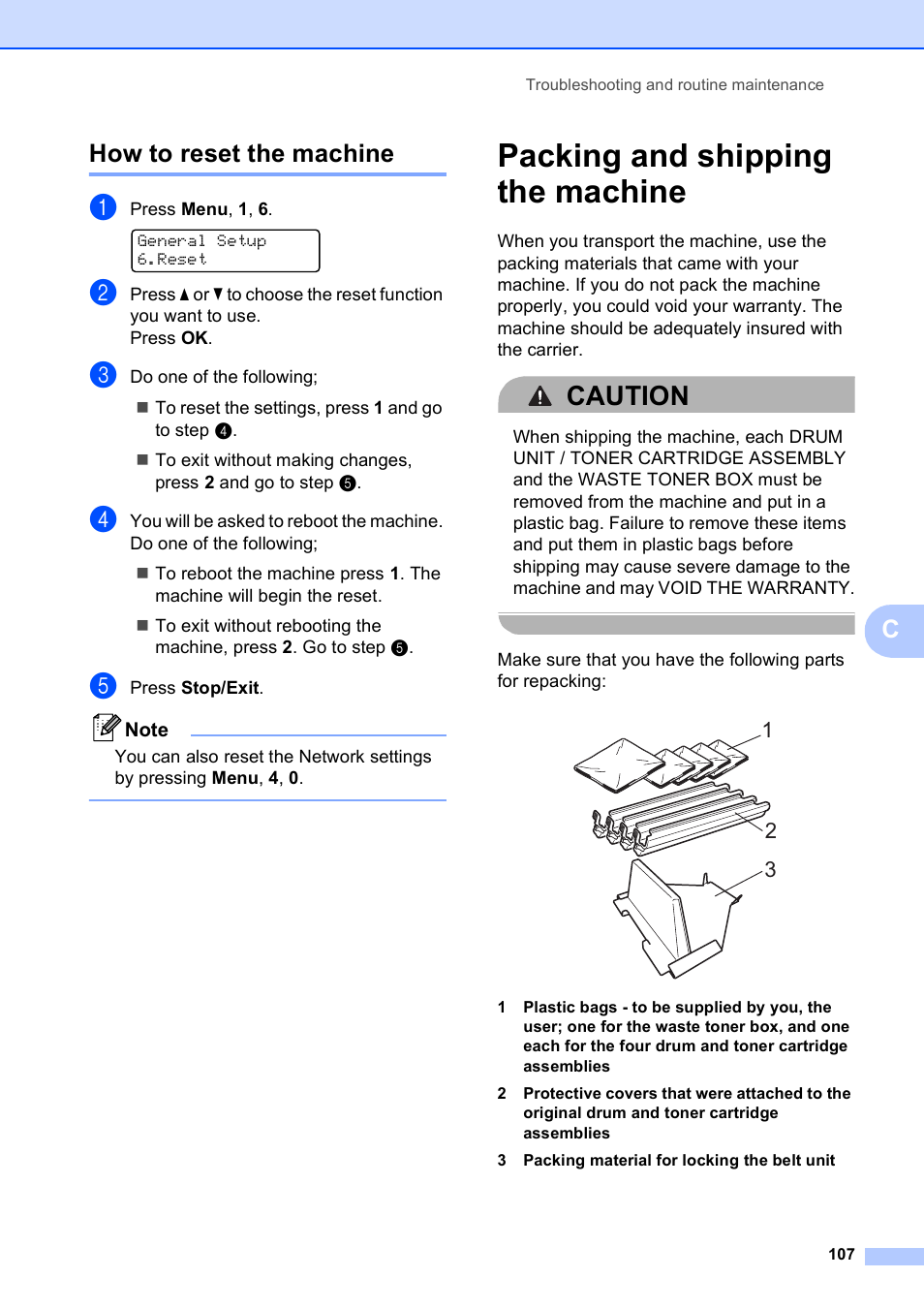 How to reset the machine, Packing and shipping the machine, Caution | Chow to reset the machine | Brother MFC-9010CN User Manual | Page 119 / 148