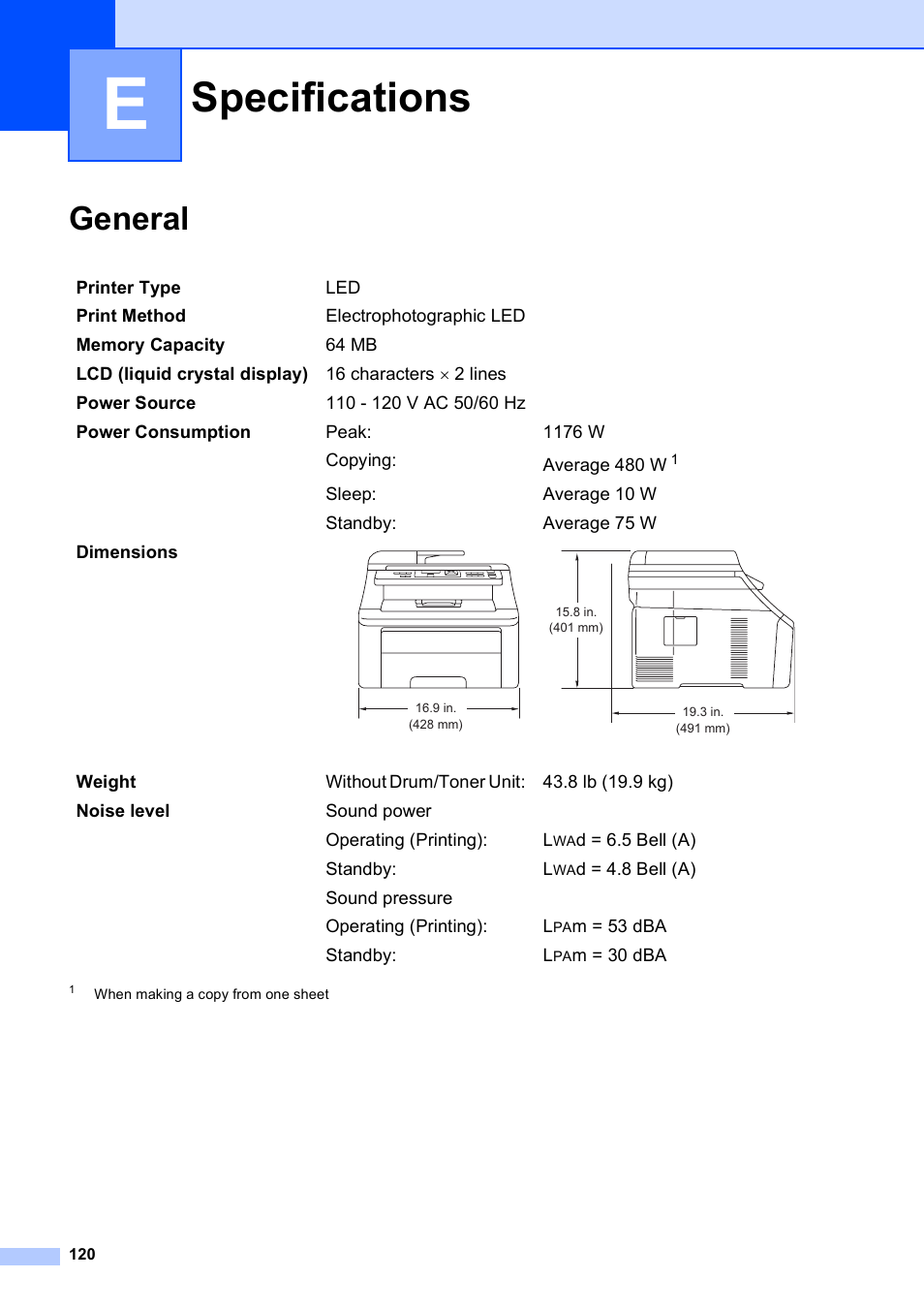 E specifications, General, Specifications | Brother MFC-9010CN User Manual | Page 132 / 148