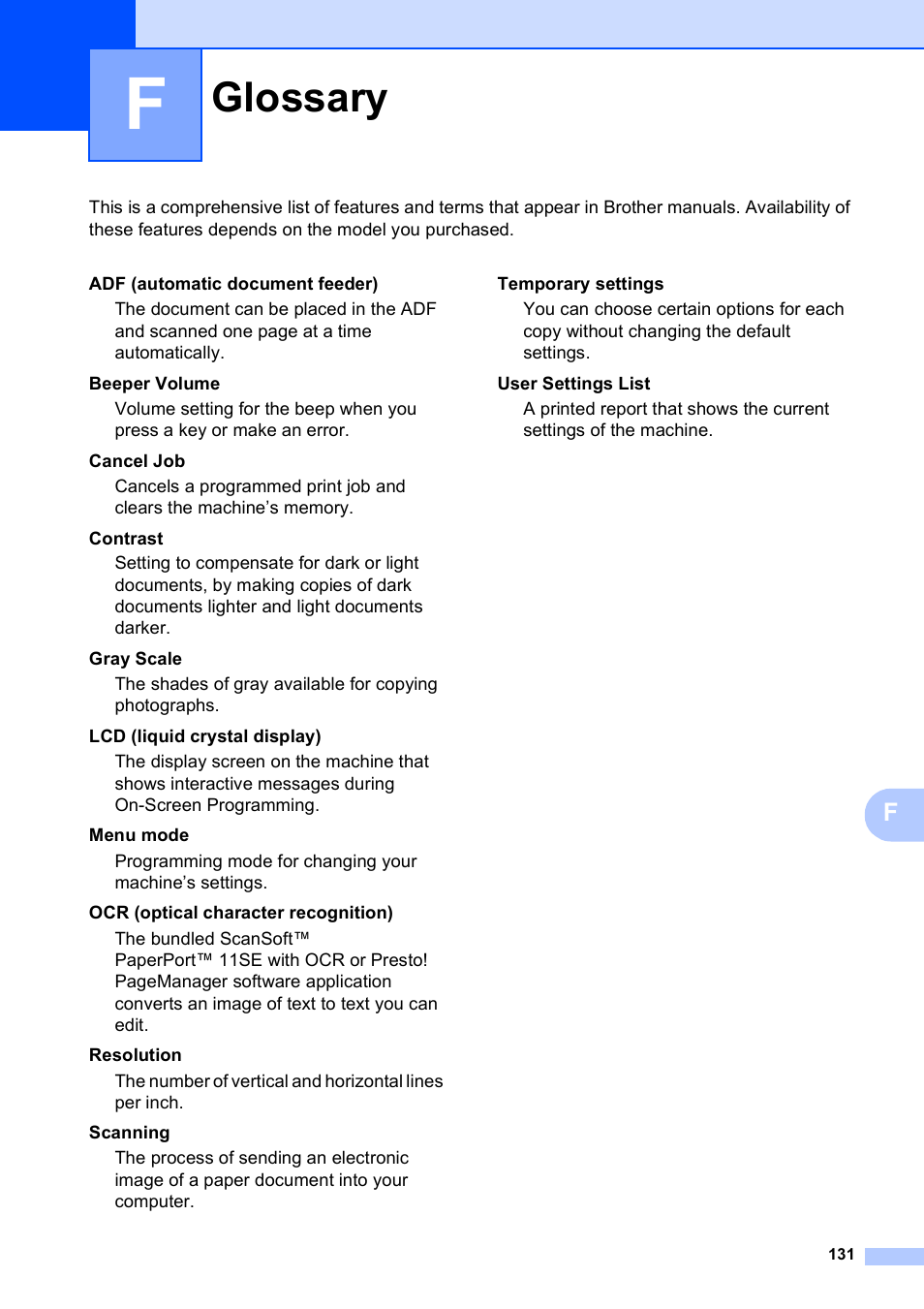 F glossary, Glossary | Brother MFC-9010CN User Manual | Page 143 / 148