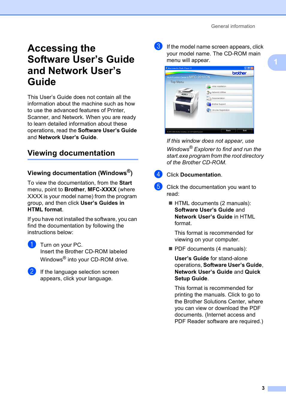 Viewing documentation, Viewing documentation (windows®) | Brother MFC-9010CN User Manual | Page 15 / 148