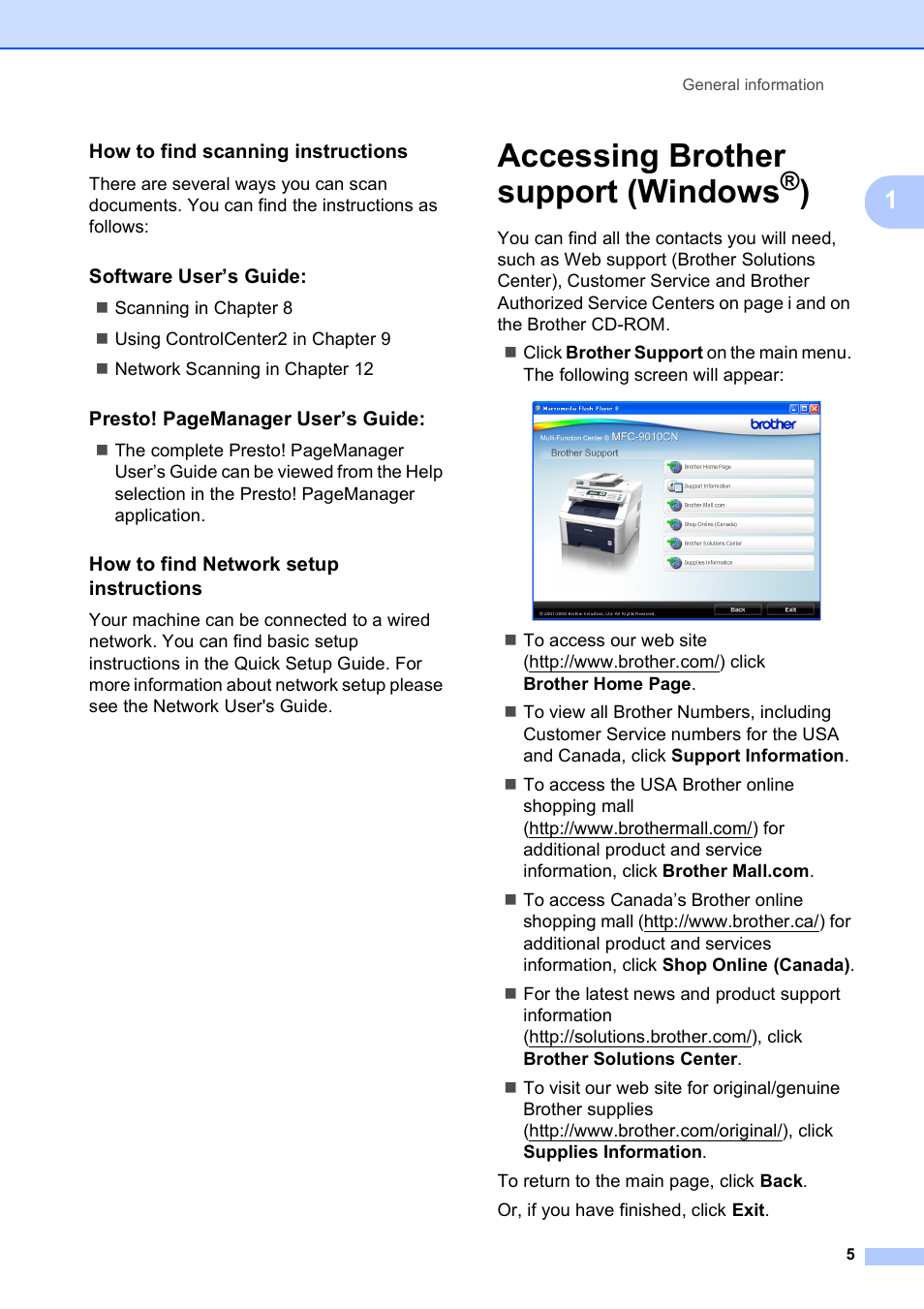 How to find scanning instructions, Software user’s guide, How to find network setup instructions | Accessing brother support (windows®), Accessing brother support (windows | Brother MFC-9010CN User Manual | Page 17 / 148