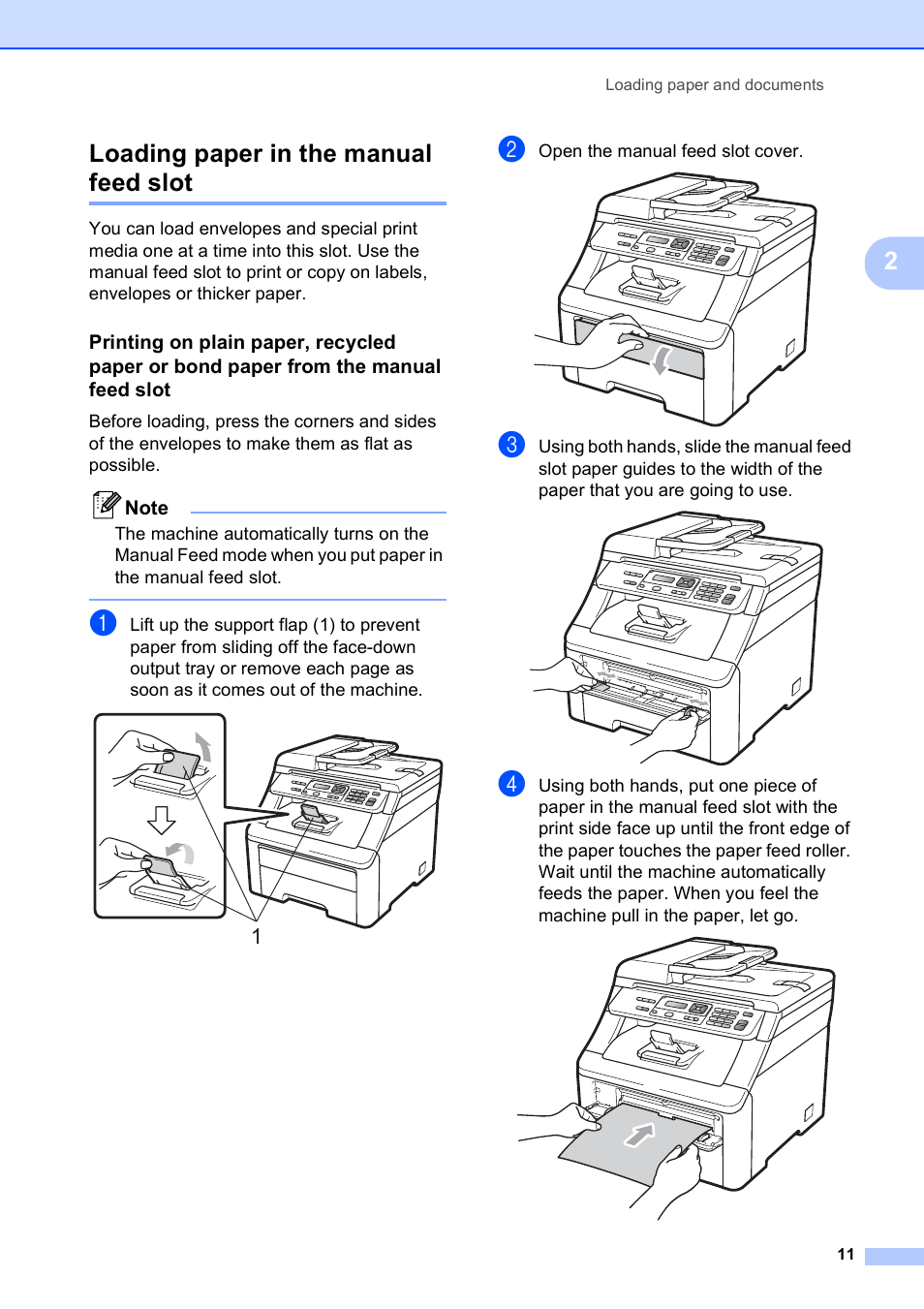 Loading paper in the manual feed slot, 2loading paper in the manual feed slot | Brother MFC-9010CN User Manual | Page 23 / 148